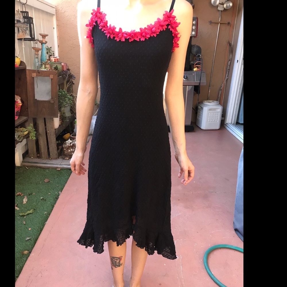 Betsey Johnson black dress with pink flowers.